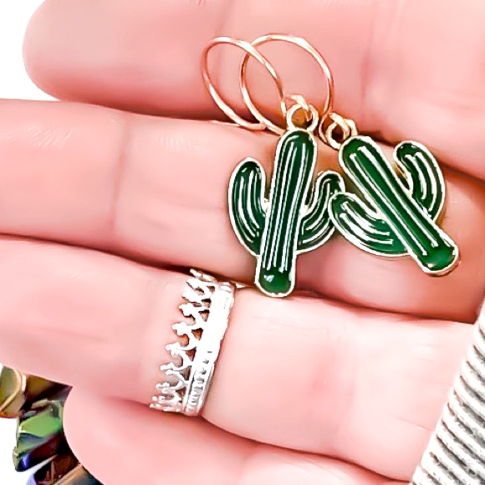 3 x gold hand enameled cactus dangle earrings